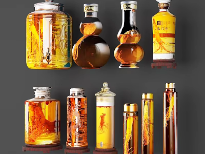 Various Shaped Amber Brown Liquor Bottles With Labels And Wooden Bases 3d model