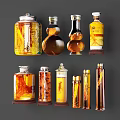 Various Shaped Amber Brown Liquor Bottles With Labels And Wooden Bases