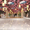 Steakhouse Restaurant With Cherry Blossom Ceiling Yellow Lanterns Wooden Structure Glass Doors And Long Corridor