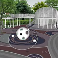 Outdoor Kids Playground Featuring White Wire Mesh Structure Slide Spherical Equipment And Trees