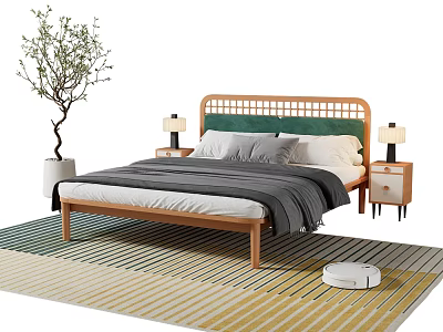Bamboo Headboard Double Bed with Pillows Blanket Bedside Tables Table Lamps and Striped Rug Plant 3d model