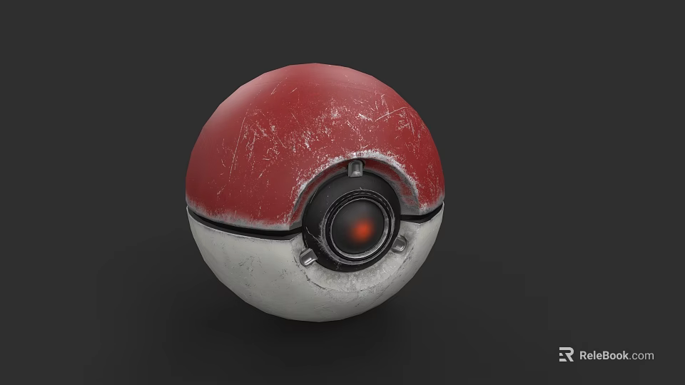 Vintage Poké Ball With Red And White Surface Central Black Lens And Scratched Texture 3d model 