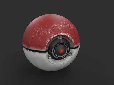 Vintage Poké Ball With Red And White Surface Central Black Lens And Scratched Texture 3d model