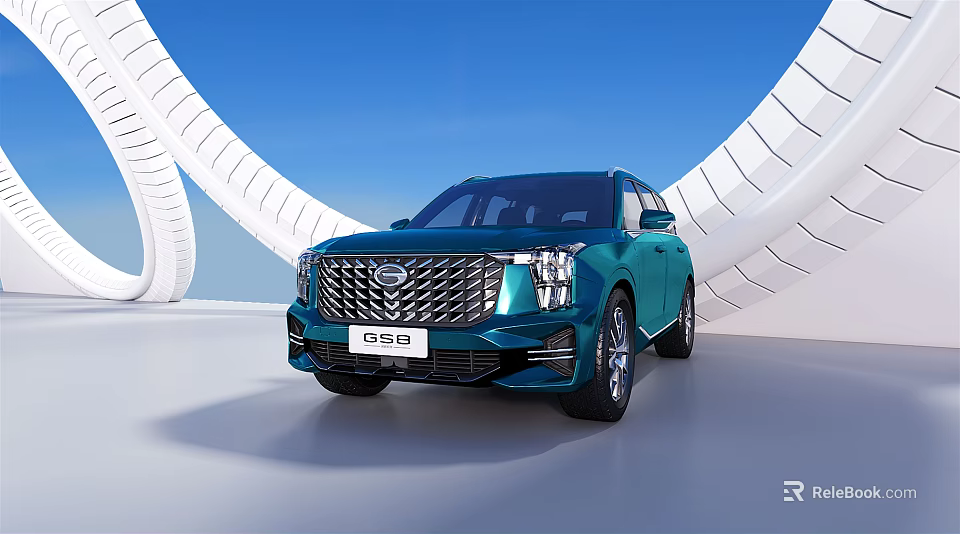 Teal GAC GS8 SUV With Modern Grille Design Against Blue Sky And White Curved Structures 3d model 