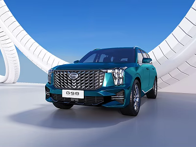 Teal GAC GS8 SUV With Modern Grille Design Against Blue Sky And White Curved Structures 3d model