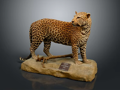 Detailed Cheetah Taxidermy Mount Standing On Rock With Information Plaque 3d model