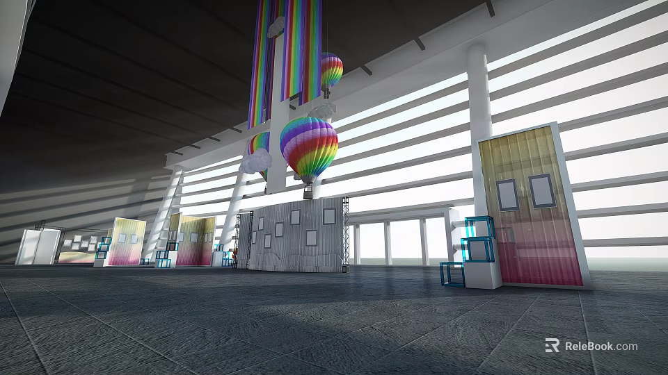 Colorful Hot Air Balloons in Large Indoor Exhibition Space with Booths and Windows 3d model 