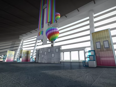 Colorful Hot Air Balloons in Large Indoor Exhibition Space with Booths and Windows 3d model