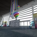 Colorful Hot Air Balloons in Large Indoor Exhibition Space with Booths and Windows