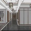Chinese Style Spacious Hall Interior With Wooden Columns Hanging Lanterns And Floor Tiles