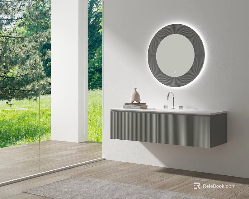 Modern Bathroom Vanity Cabinet with Round Illuminated Mirror Sink and Faucet Near Window 3d model 