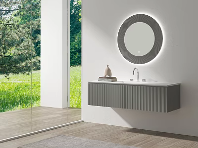 Modern Bathroom Vanity Cabinet with Round Illuminated Mirror Sink and Faucet Near Window 3d model