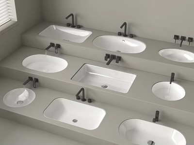 Multiple White Bathroom Washbasins With Black Faucets On Grey Countertops Various Shapes 3d model