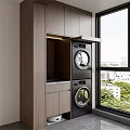 Wooden Balcony Cabinet With Stacked Washer Dryer Marble Countertop And Window View