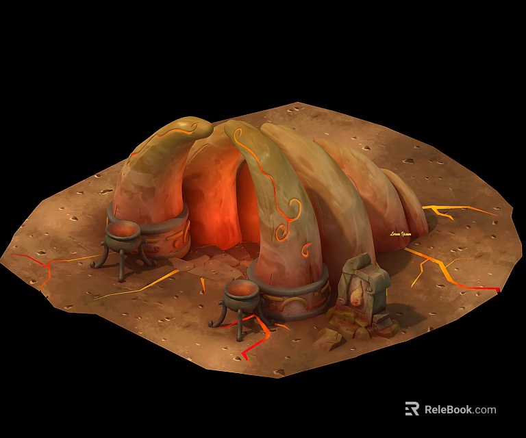 Mystical Cave Entrance With Lava Flows And Stone Furniture 3d model 