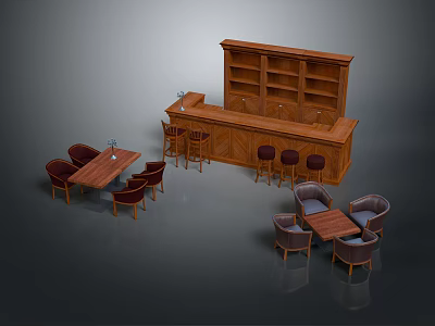 Wooden Furniture Collection With Bar Counter Stools Dining Table Chairs Armchairs And Coffee Table 3d model