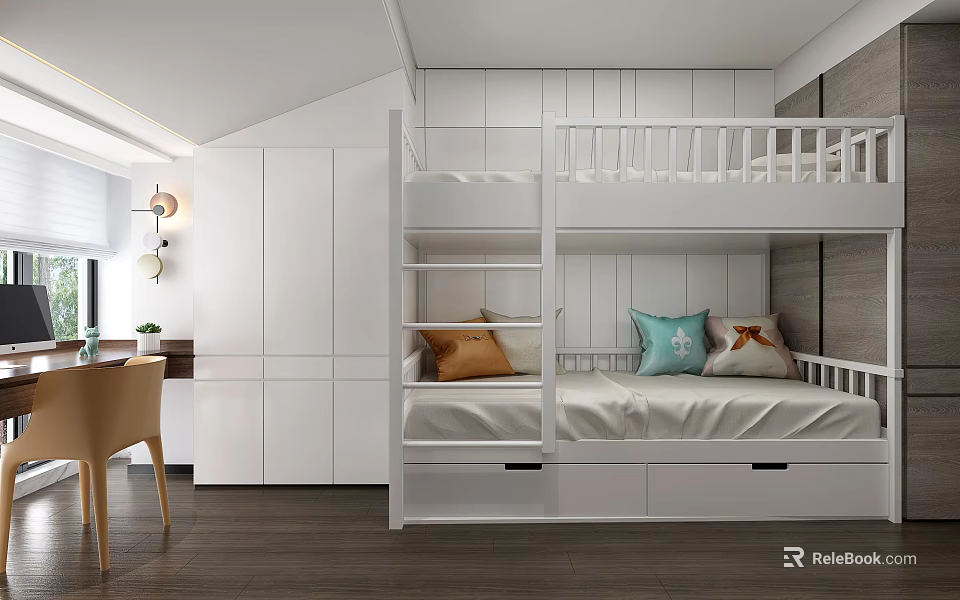 White Kids Room Interior Design With Bunk Bed Storage Cabinets Desk Chair And Decorative Pillows 3d model 