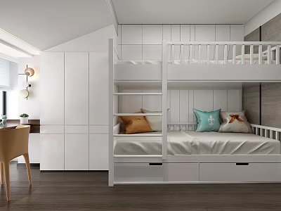 White Kids Room Interior Design With Bunk Bed Storage Cabinets Desk Chair And Decorative Pillows 3d model