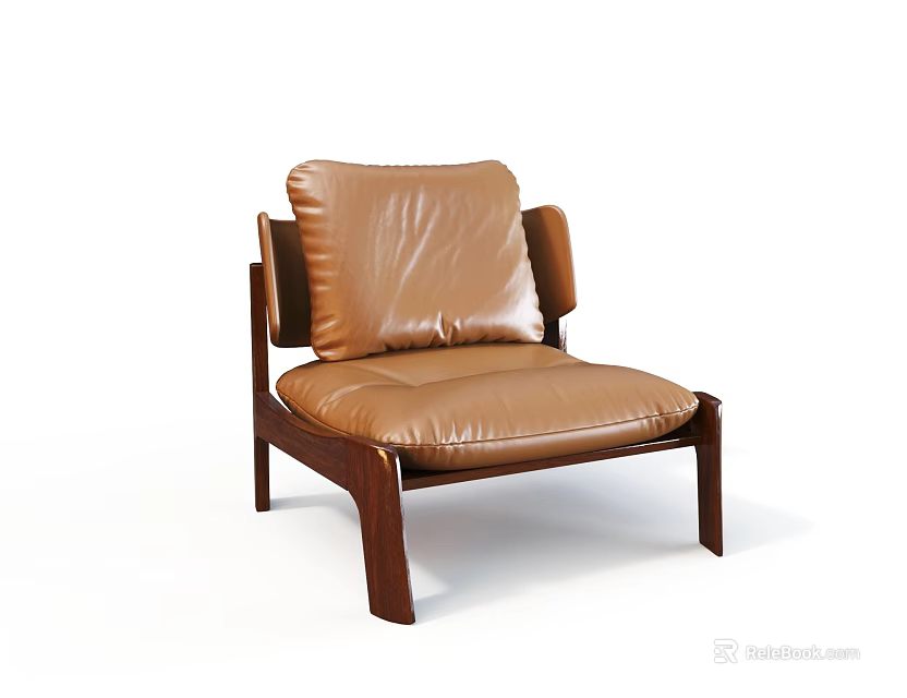 Comfortable Brown Leather Single Seater Sofa With Wooden Frame Modern Design 3d model 