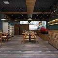 Spacious Restaurant Interior With Wooden Floor Hanging Lights Blue Walls Tables Chairs And Green Plants