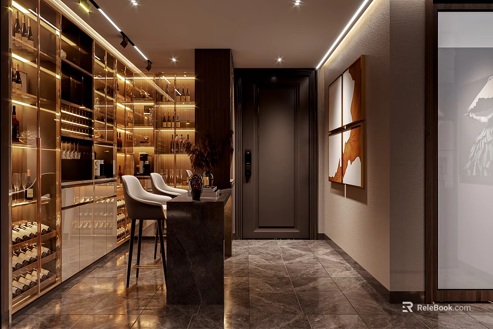 Luxury Bar Area With Wine Racks And Bar Stools 3d model