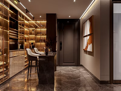 Luxury Bar Area With Wine Racks And Bar Stools 3d model
