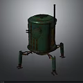 Vintage Green Rusty Industrial Equipment With Cylindrical Body Four Legs And Vertical Pipe