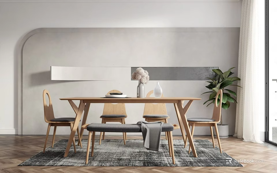 Modern Minimalist Wooden Dining Table Set with Dining Chairs Vase Flowers and Indoor Plant 3d model 