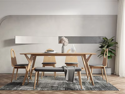 Modern Minimalist Wooden Dining Table Set with Dining Chairs Vase Flowers and Indoor Plant 3d model