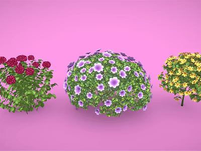Colorful Spherical Flowering Bushes With Red Purple Yellow Blooms And Green Leaves On Pink Background 3d model