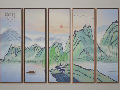 Traditional Chinese Five Panel Landscape Painting With Mountains Water Boat Willow Sun And Flying Birds 3d model