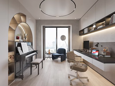 Modern Study Room Interior With Piano Desk Computer Chair Bookshelves And Floor To Ceiling Windows 3d model