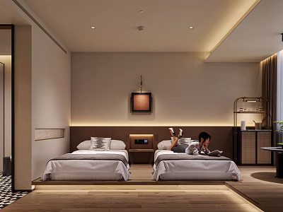 Hotel Guest Room With Twin Beds Person Relaxing Decorative Painting And Wooden Floor 3d model