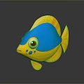Cute Cartoon Fish Yellow And Blue With Red Eyes Blue Spots On Dark Background Reflection
