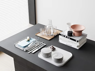 Modern Minimalist Decorative Ornament Combination With Trays Glass Cups Books And Bowl On Black Table 3d model