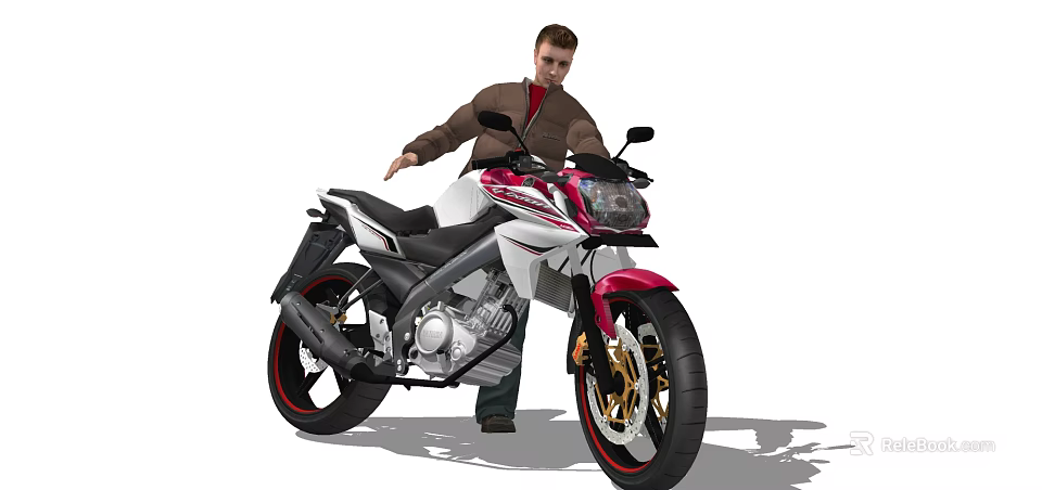 Man in Brown Jacket Standing Next to Red and White Motorcycle 3d model 