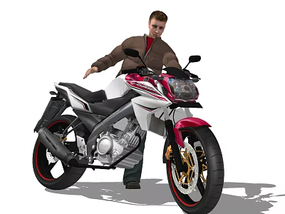 Man in Brown Jacket Standing Next to Red and White Motorcycle 3d model