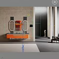 Elegant Modern Bathroom Cabinet With Orange Double Mirrors And Open Shelves