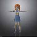 3D Fictional Character Creature With Orange Hair Blue School Uniform Standing Arms Outstretched Dark Background