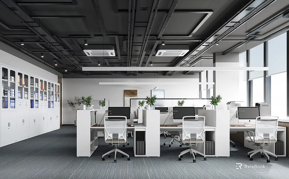 Modern Public Office Space Interior With Work Desks Office Chairs Potted Plants And Wall Displays 3d model