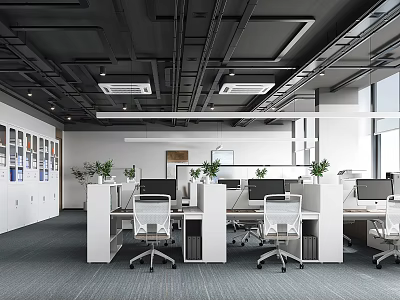 Modern Public Office Space Interior With Work Desks Office Chairs Potted Plants And Wall Displays 3d model