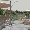 Outdoor Garden Landscape Design With Wooden Furniture Umbrella Green Plants And Glass Greenhouse