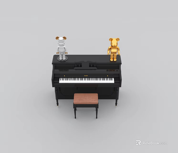 Musical Instruments and Art Supplies with Black Piano Zebra Toy Golden Bear and Wooden Bench 3d model 