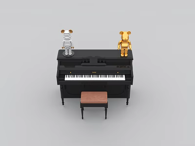 Musical Instruments and Art Supplies with Black Piano Zebra Toy Golden Bear and Wooden Bench 3d model