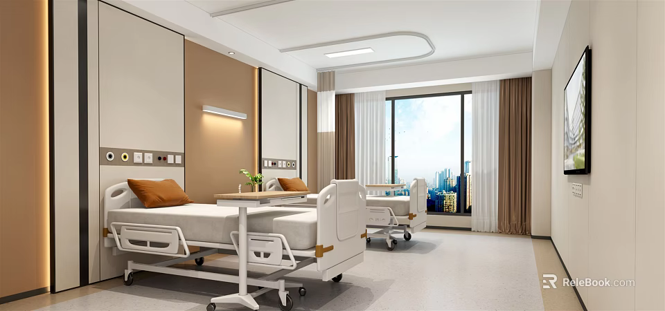 Hospital Outpatient Ward Modern Interior With Beds Windows And Curtains 3d model 