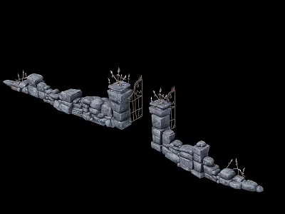 Medieval Style Entrance Gate With Stone Wall And Decorative Iron Spikes 3d model