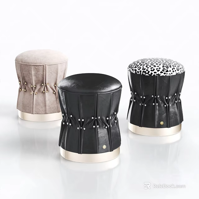Modern Drum Shaped Ottoman Footstools With Leopard Print Leather And Velvet Upholstery 3d model 