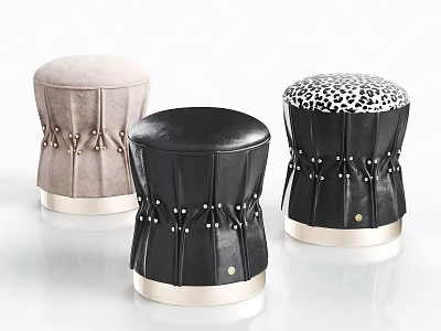 Modern Drum Shaped Ottoman Footstools With Leopard Print Leather And Velvet Upholstery 3d model