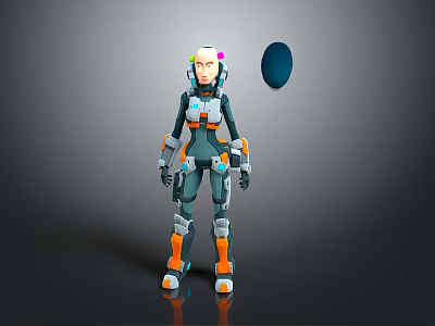 Futuristic Game Movie Character Armored Female With Tech Suit Orange Accents And Blue Orb 3d model