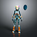 Futuristic Game Movie Character Armored Female With Tech Suit Orange Accents And Blue Orb
